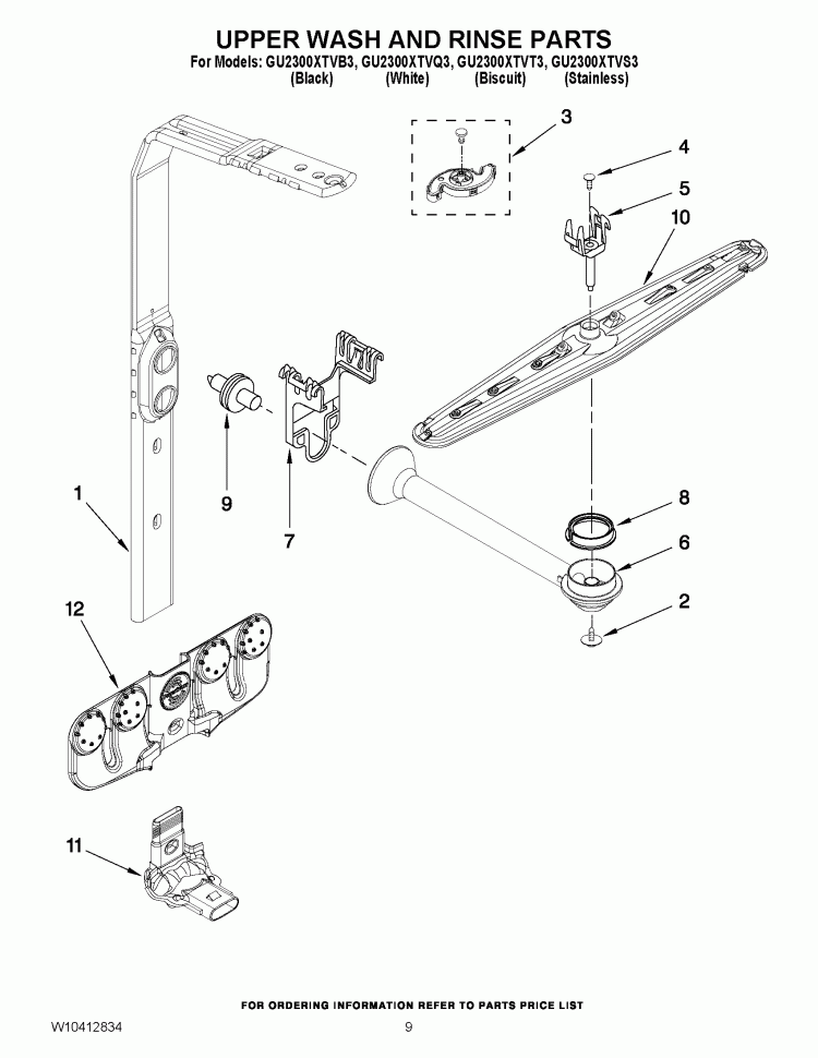 UPPER WASH AND RINSE PARTS Diagram and Parts List for GU2300XTVT3  Whirlpool Dishwasher