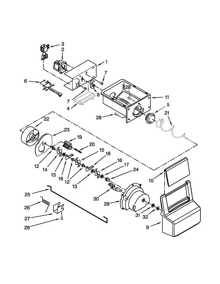 Motor And Ice Container Parts Diagram and Parts List for 7WRS25FEBF00  Whirlpool Refrigerator