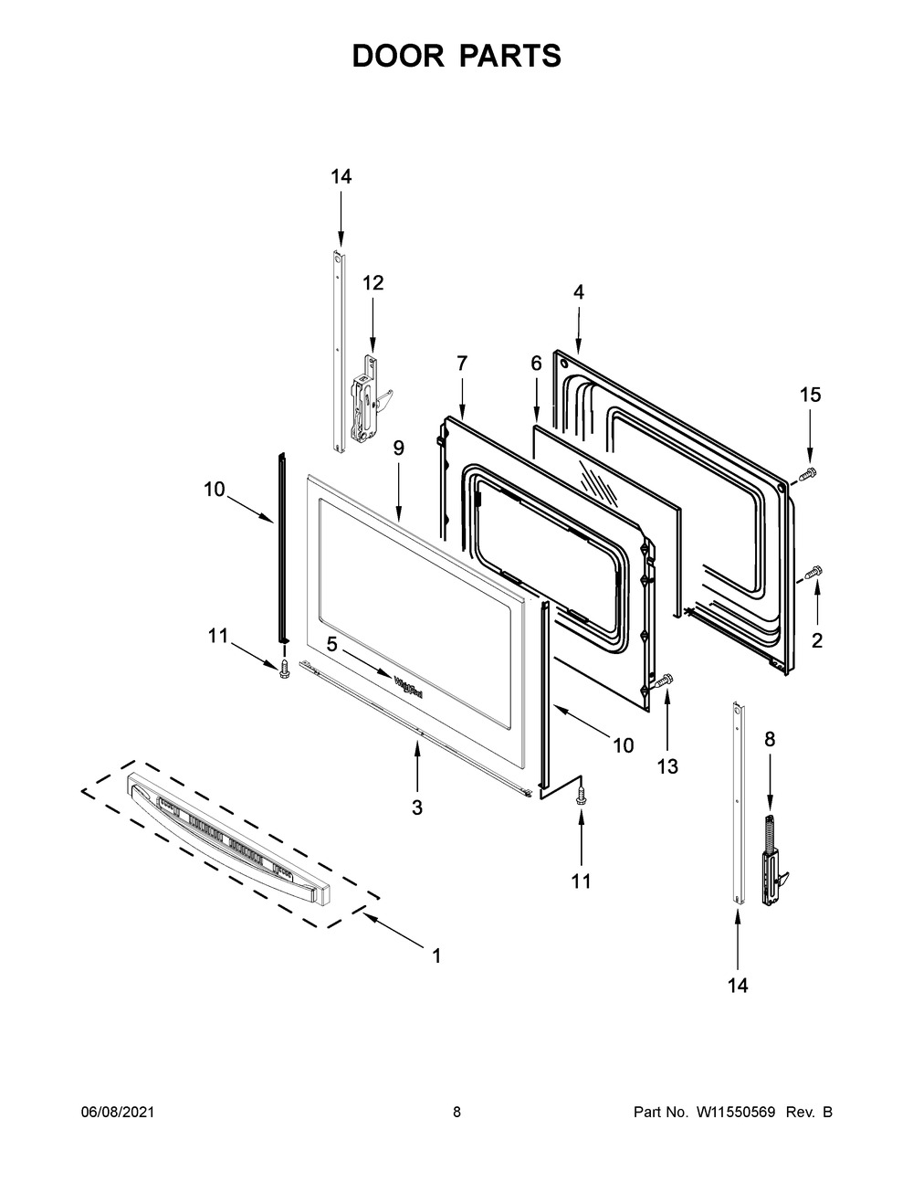 Door Parts Diagram and Parts List for WFE505W0HB3  Whirlpool Range