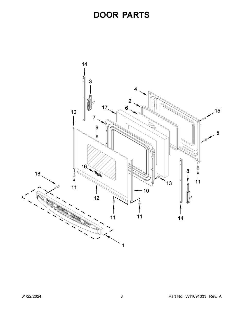 Door Parts Diagram and Parts List for WFE550S0LZ3  Whirlpool Range