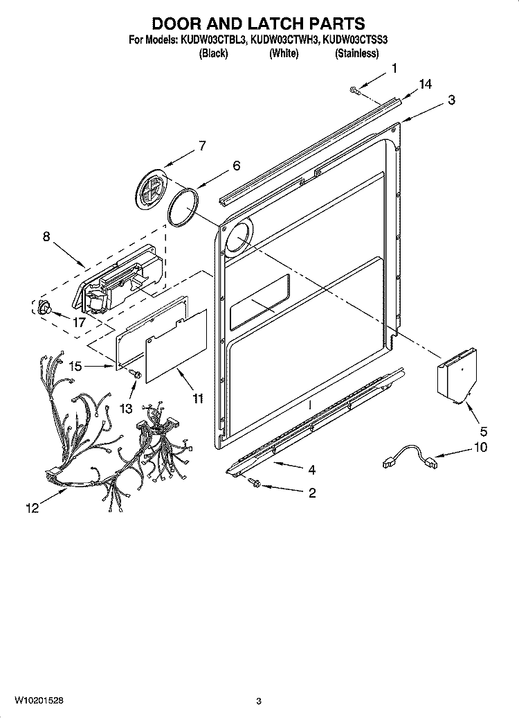 DOOR AND LATCH PARTS Diagram and Parts List for KUDW03CTBL3  KitchenAid Dishwasher