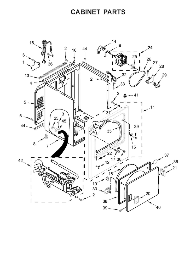 Cabinet Parts Diagram and Parts List for 11076132410  Kenmore Dryer