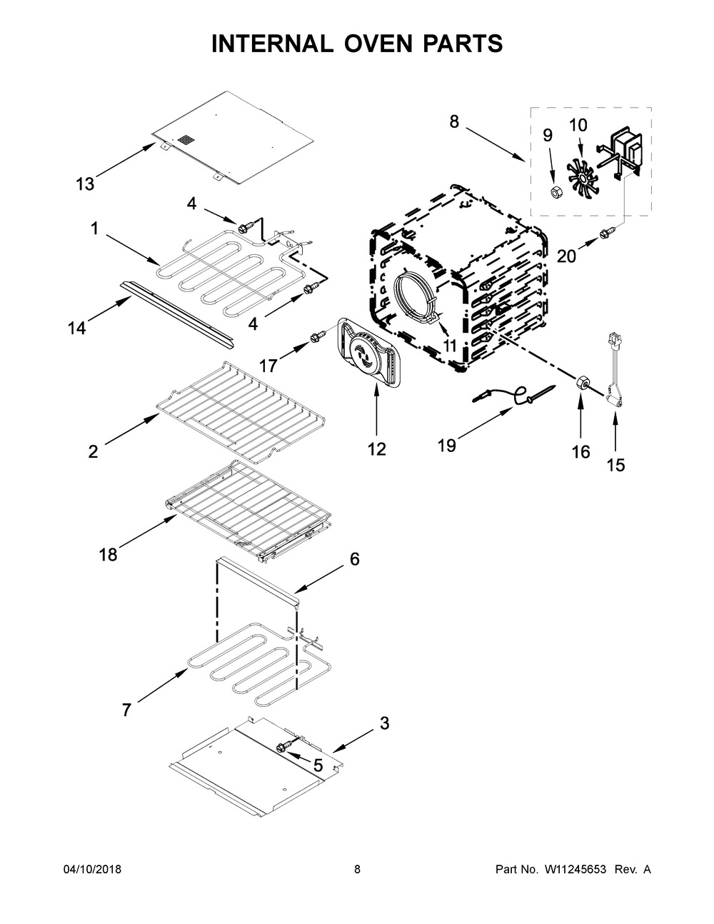 Internal Oven Parts Diagram and Parts List for KOSE500EBS04  Whirlpool Wall Oven