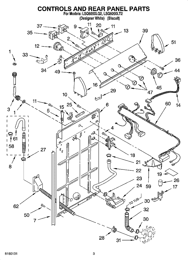 CONTROLS AND REAR PANEL PARTS Diagram and Parts List for LSQ9200LT2  Whirlpool Washer