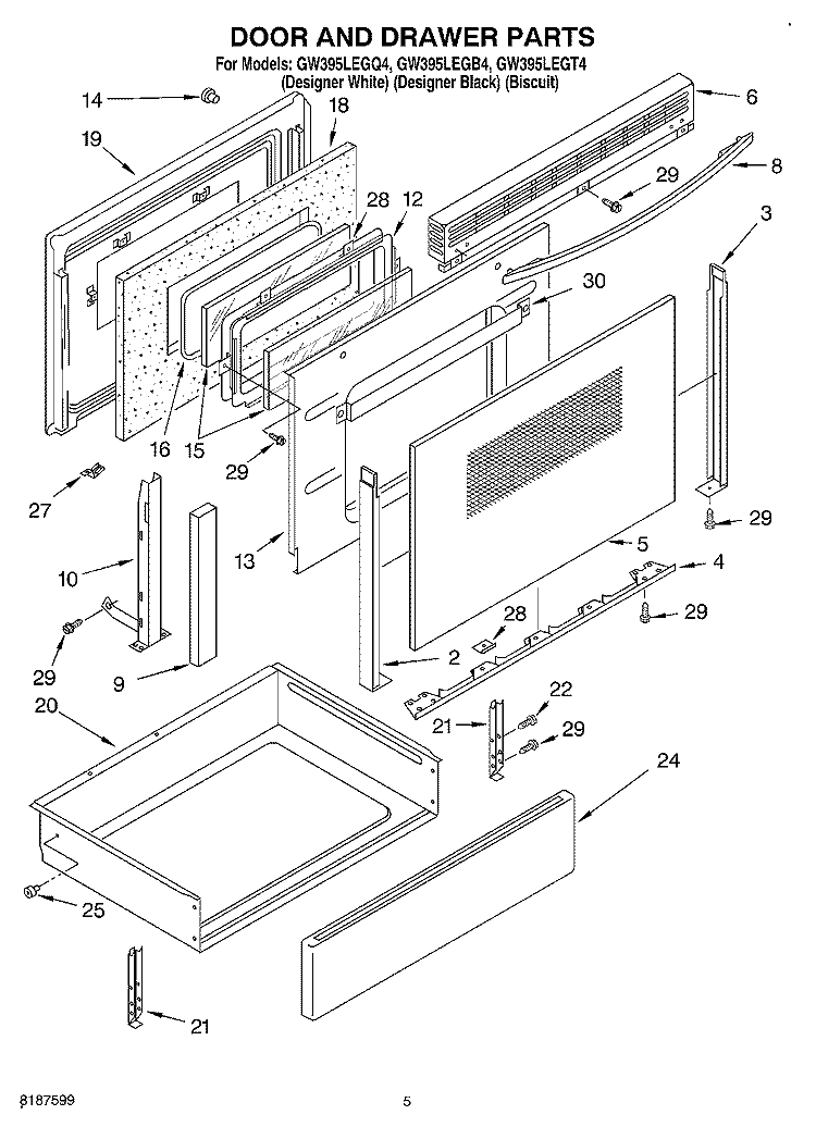 DOOR AND DRAWER Diagram and Parts List for GW395LEGB4  Whirlpool Range