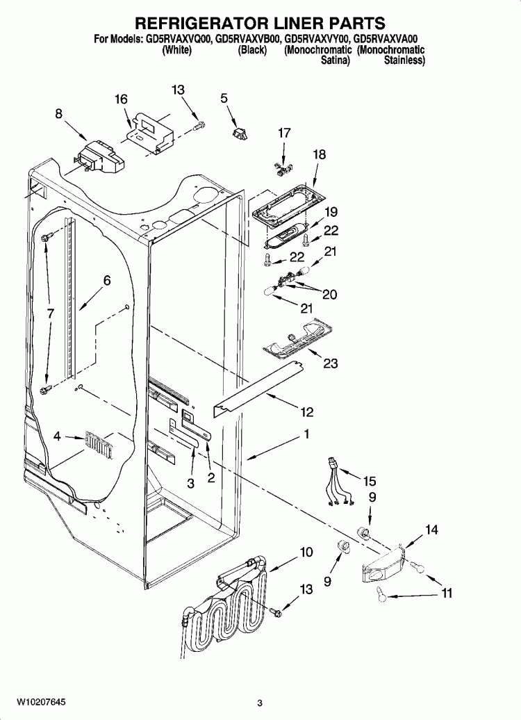 REFRIGERATOR LINER PARTS Diagram and Parts List for GD5RVAXVB00  Whirlpool Refrigerator