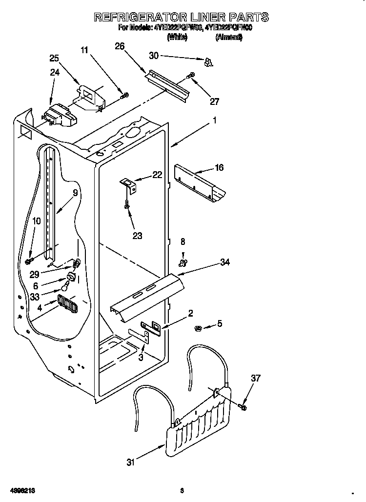 Refrigerator Liner Diagram and Parts List for 4YED22PQFW00  Whirlpool Refrigerator