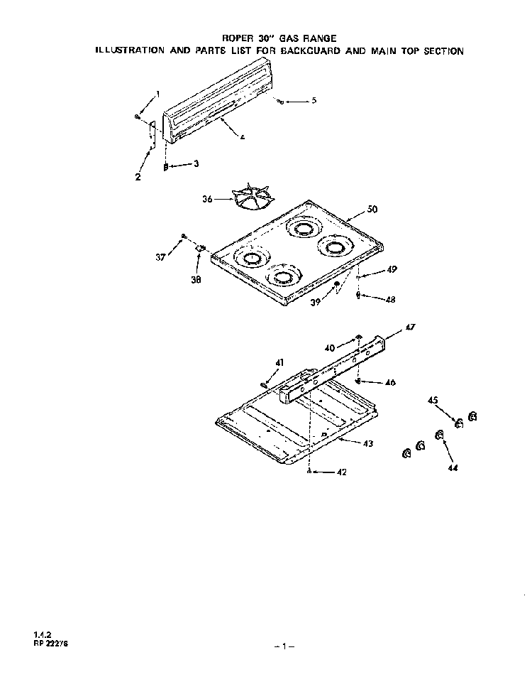 Backguard And Main Top Diagram and Parts List for 1423*0A  Roper Range