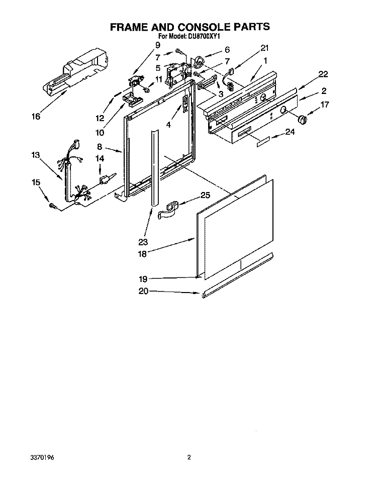 FRAME AND CONSOLE Diagram and Parts List for DU8700XY1  Whirlpool Dishwasher