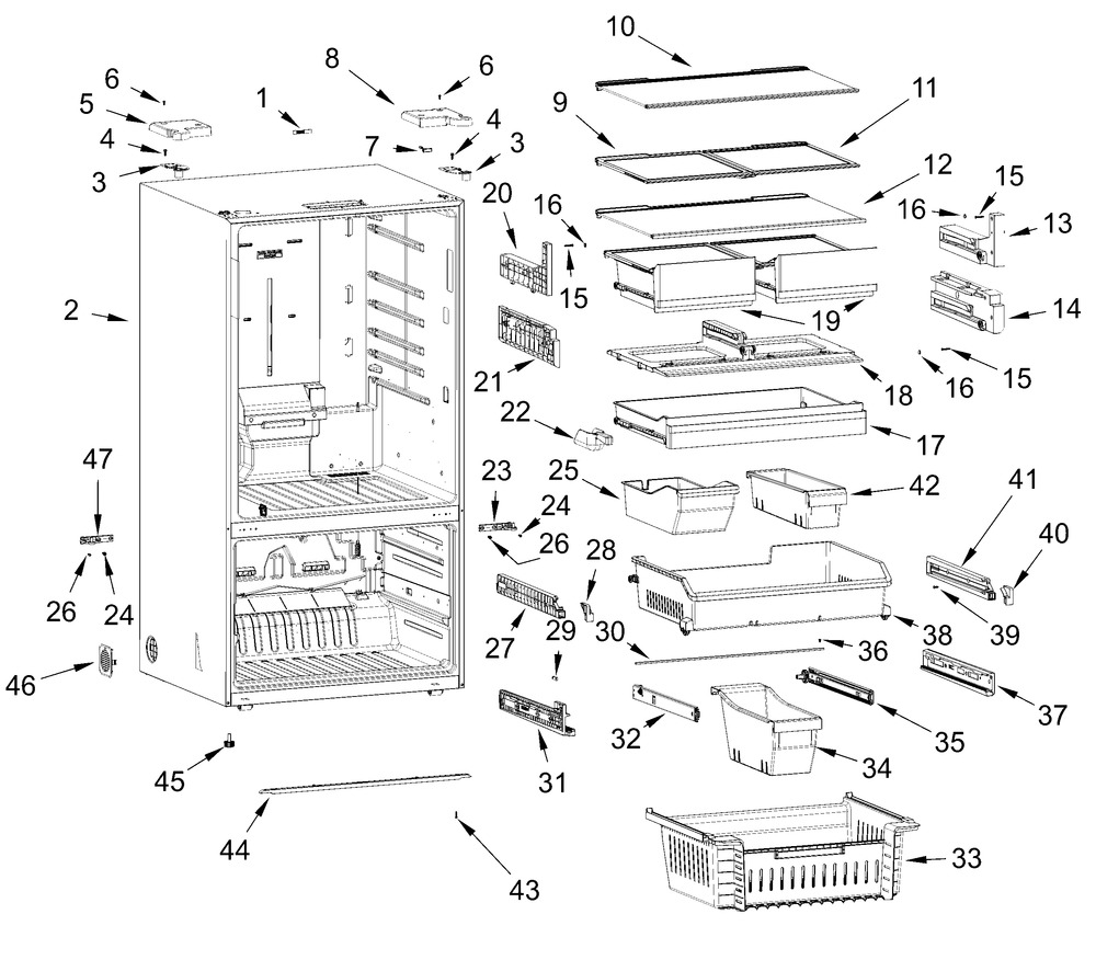 Cabinet And Shelf Parts Diagram and Parts List for WRFF3136SW00 WRFF3136SB00-WRFF3136SZ00 Whirlpool Refrigerator