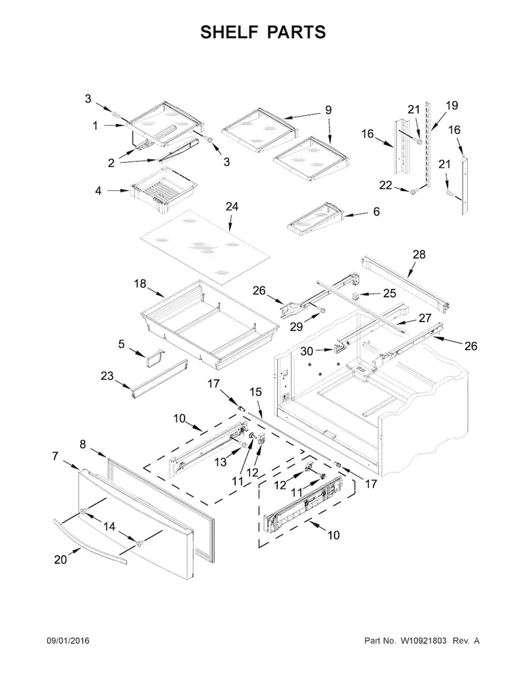 Shelf Parts Diagram and Parts List for WRX735SDBH01  Whirlpool Refrigerator
