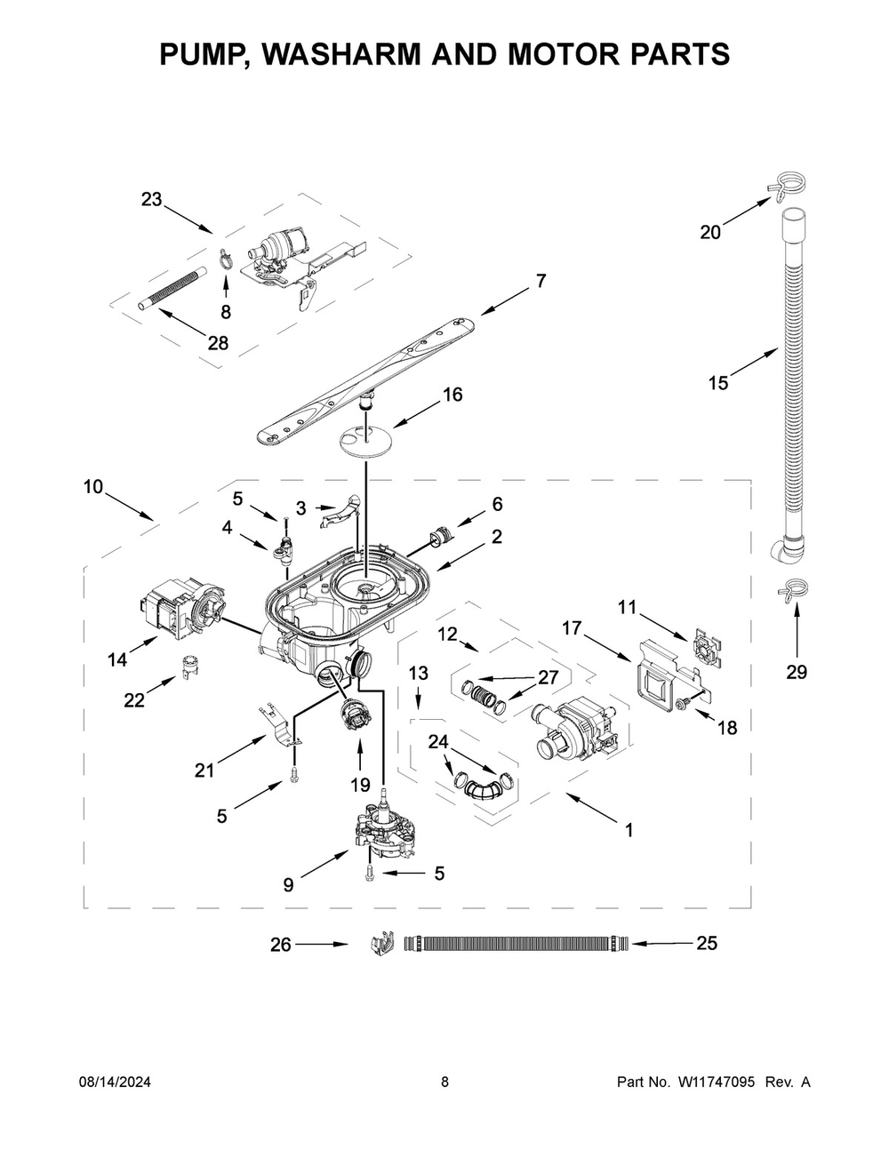 05 - Pump, Washarm And Motor Parts Diagram and Parts List for JDPSS244PM1  Whirlpool Dishwasher