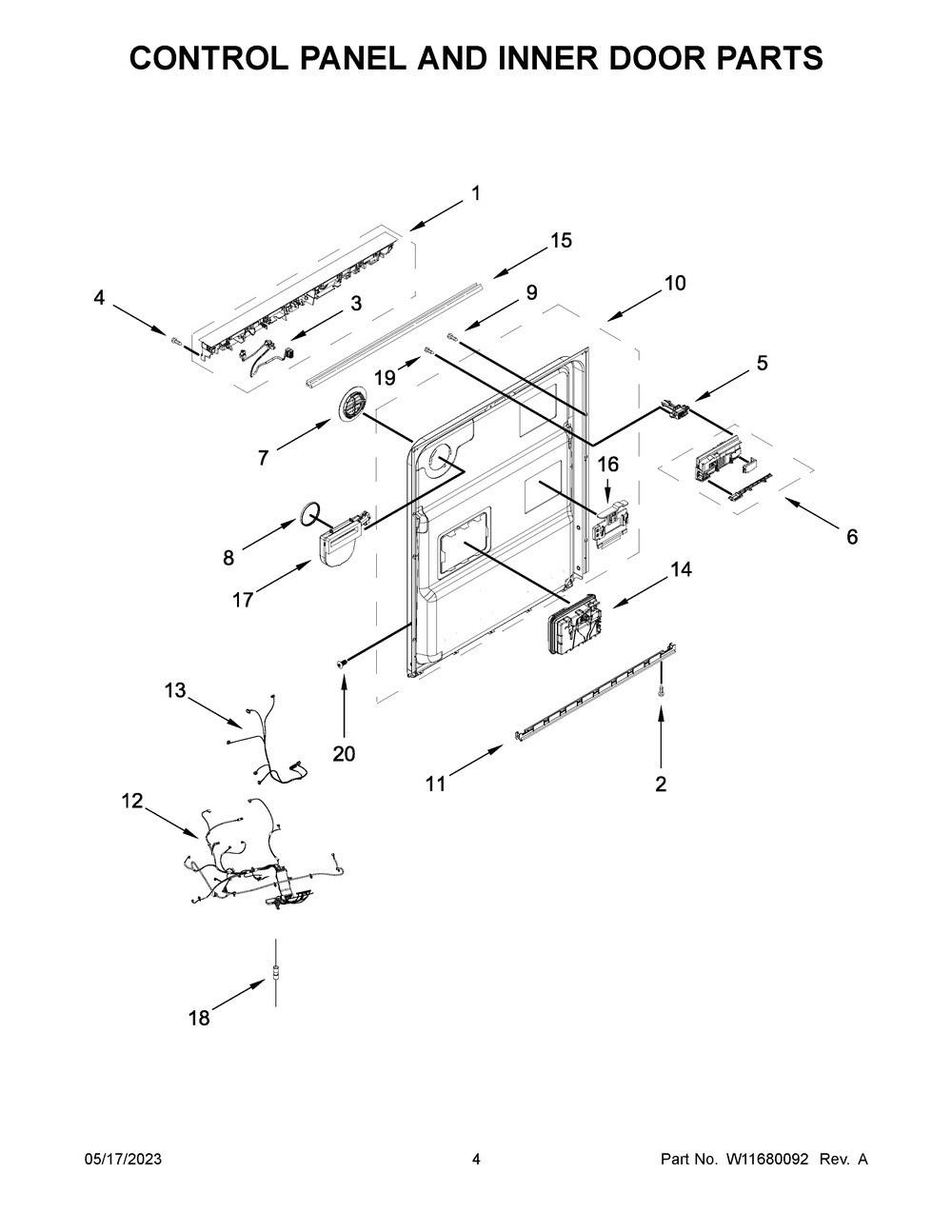 Control Panel And Inner Door Parts Diagram and Parts List for KDTM404KBS2  KitchenAid Dishwasher
