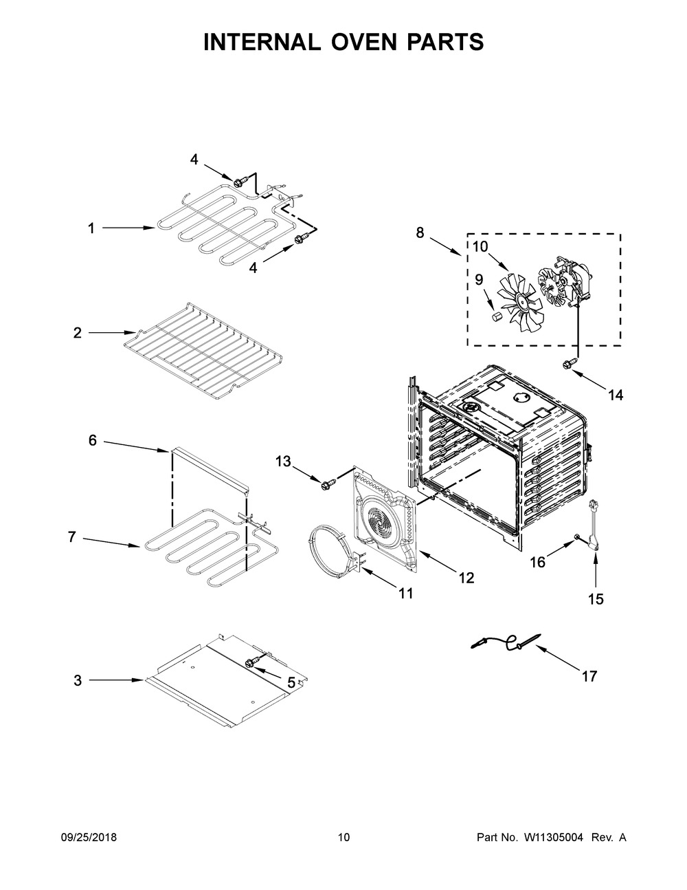 Internal Oven Parts Diagram and Parts List for WODA7EC0HN01  Whirlpool Wall Oven