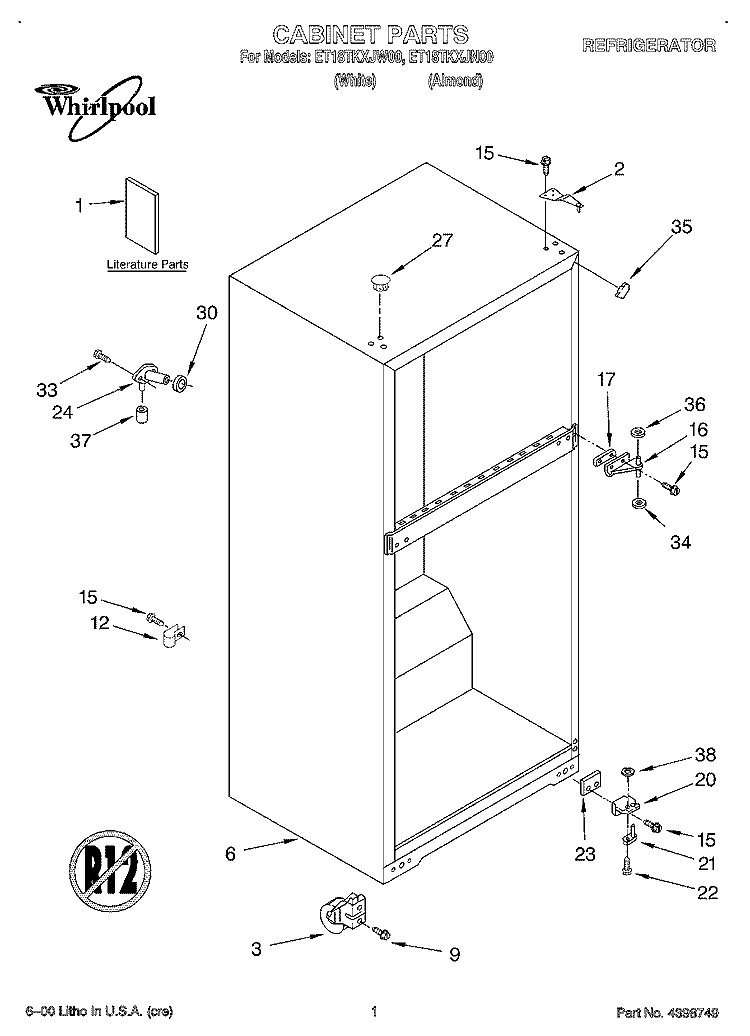 CABINET, LITERATURE Diagram and Parts List for ET18TKXJW00  Whirlpool Refrigerator