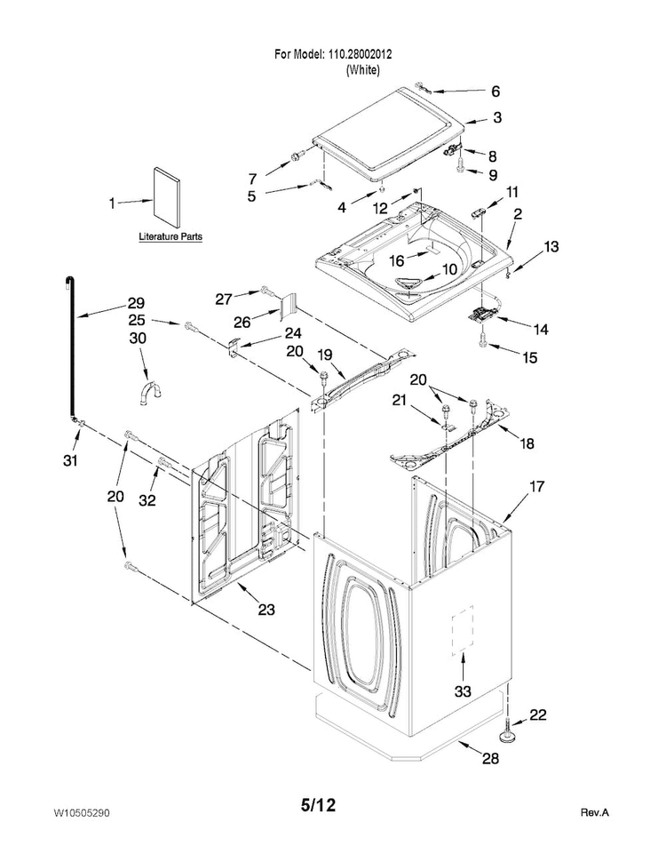 Top And Cabinet Parts Diagram and Parts List for 11028002012  Kenmore Washer