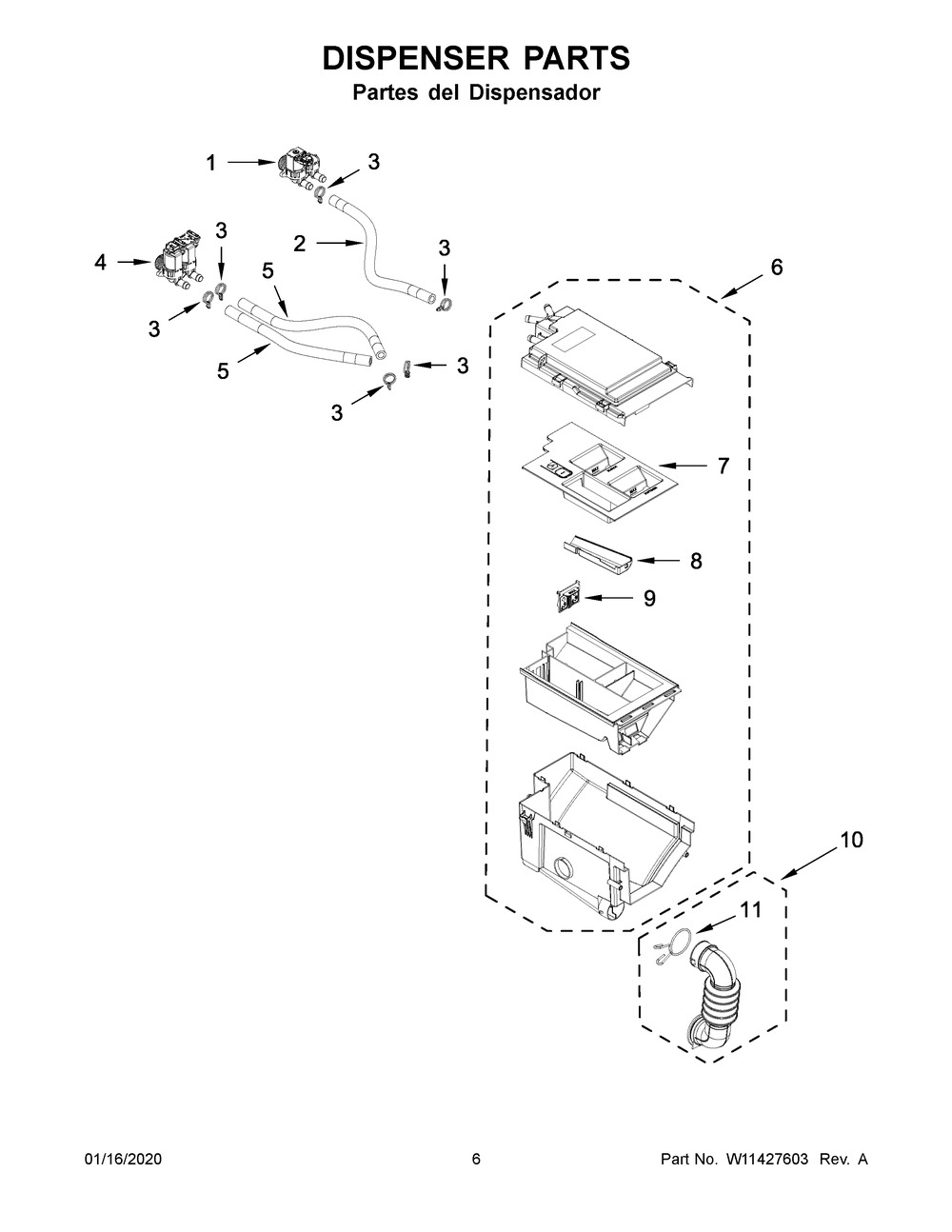 Dispenser Parts Diagram and Parts List for 7MWFW560CHW0  Whirlpool Washer