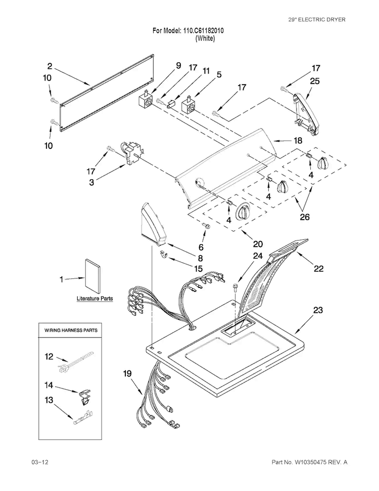 Top And Console Parts Diagram and Parts List for 110C61182010  Kenmore Dryer