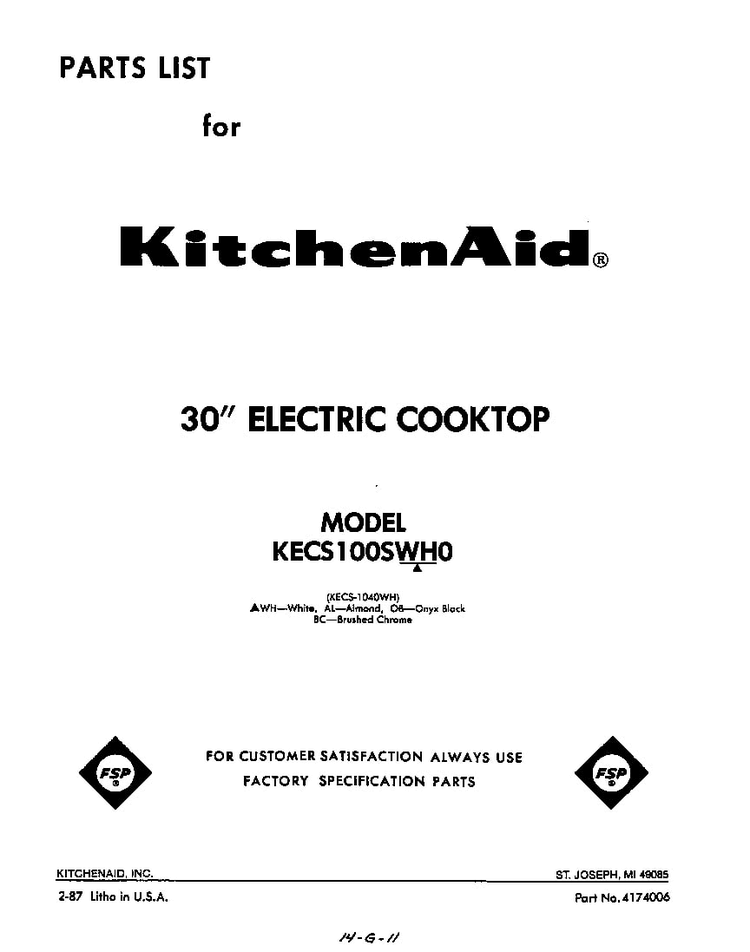 Section 4 Diagram and Parts List for KECS-1040WH  KitchenAid Cooktop