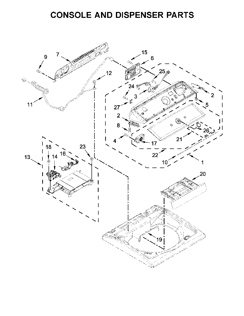 Console and dispenser parts Diagram and Parts List for 11027132412  Kenmore Washer