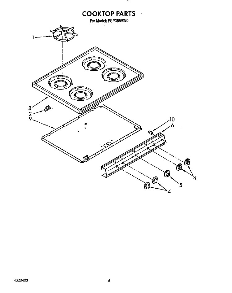 COOKTOP Diagram and Parts List for FGP355VL0  Whirlpool Range