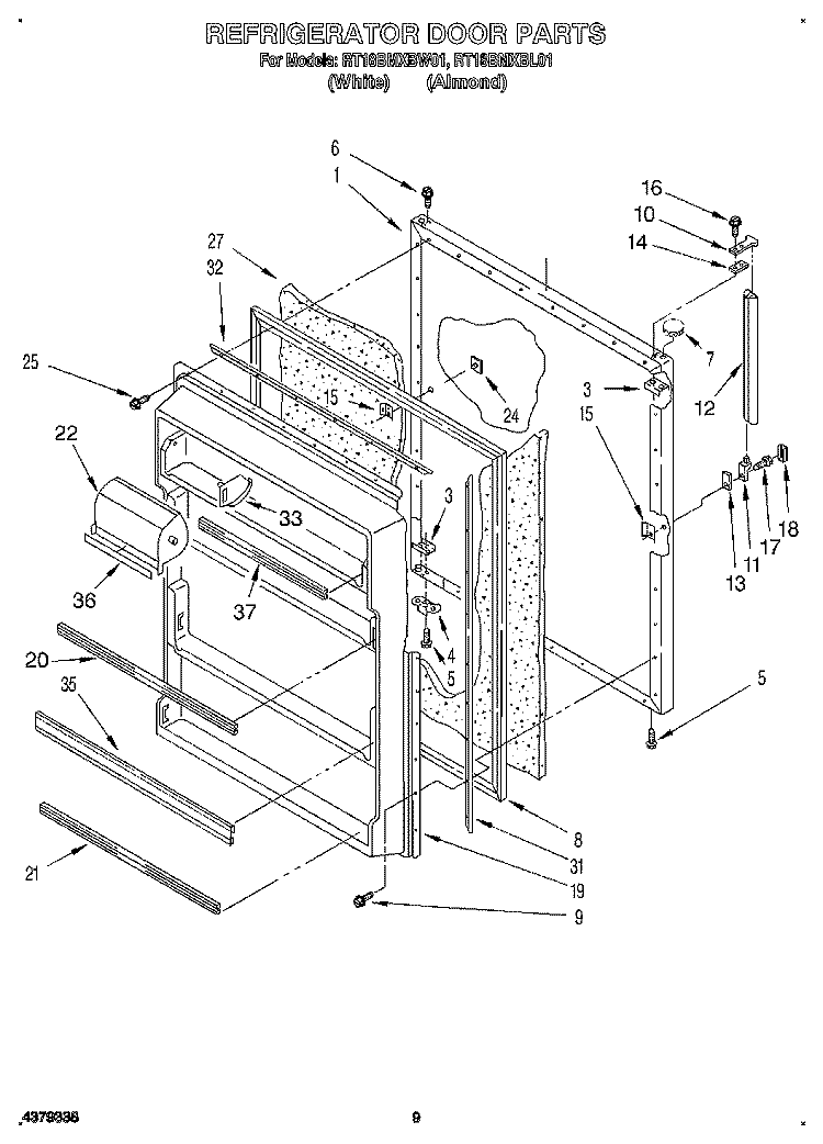 REFRIGERATOR DOOR Diagram and Parts List for RT18BMXBL01  Roper Refrigerator