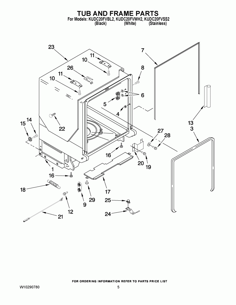 TUB AND FRAME PARTS Diagram and Parts List for KUDC20FVSS2  KitchenAid Dishwasher