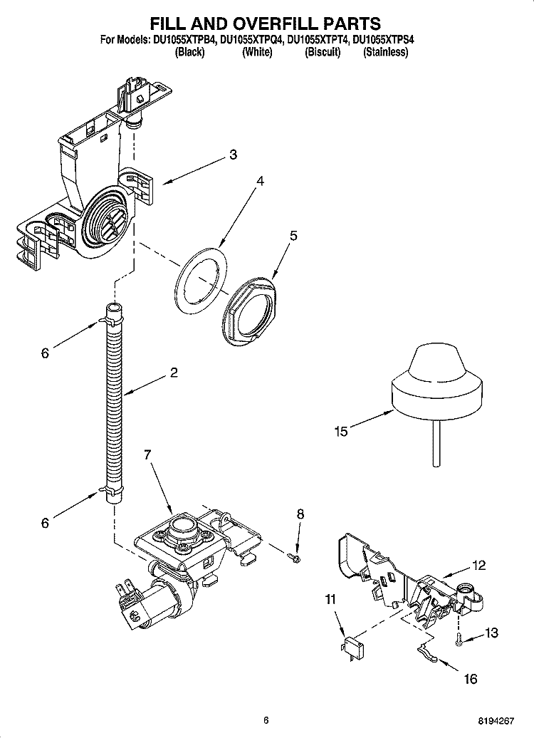 FILL AND OVERFILL PARTS Diagram and Parts List for DU1055XTPQ4  Whirlpool Dishwasher