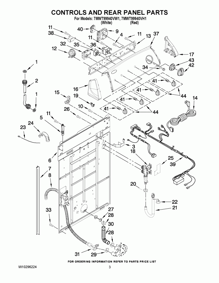 CONTROLS AND REAR PANEL PARTS Diagram and Parts List for 7MWT99940VW1  Whirlpool Washer