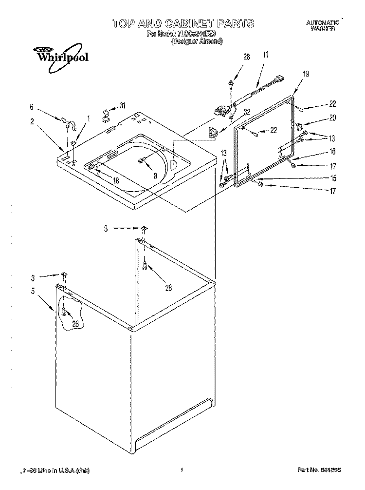 TOP AND CABINET Diagram and Parts List for 7LSC8244EZ0  Whirlpool Washer