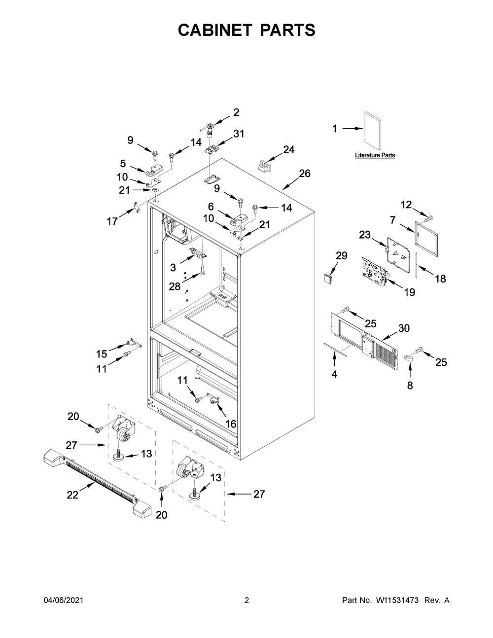Cabinet Parts Diagram and Parts List for MFI2570FEW04  Whirlpool Refrigerator