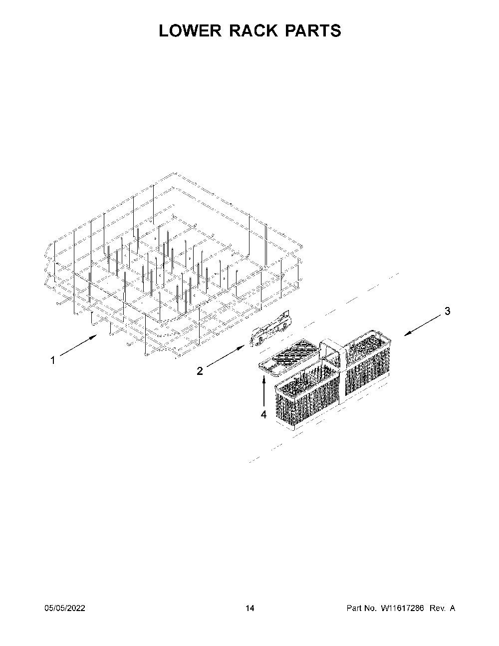 Lower Rack Parts Diagram and Parts List for KDTE204KBS1  KitchenAid Dishwasher