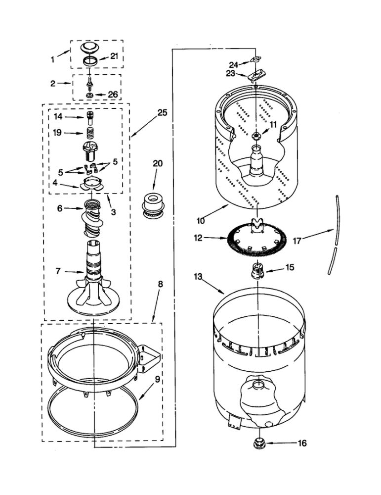 Agitator, Basket And Tub Diagram and Parts List for 11021884000  Kenmore Washer