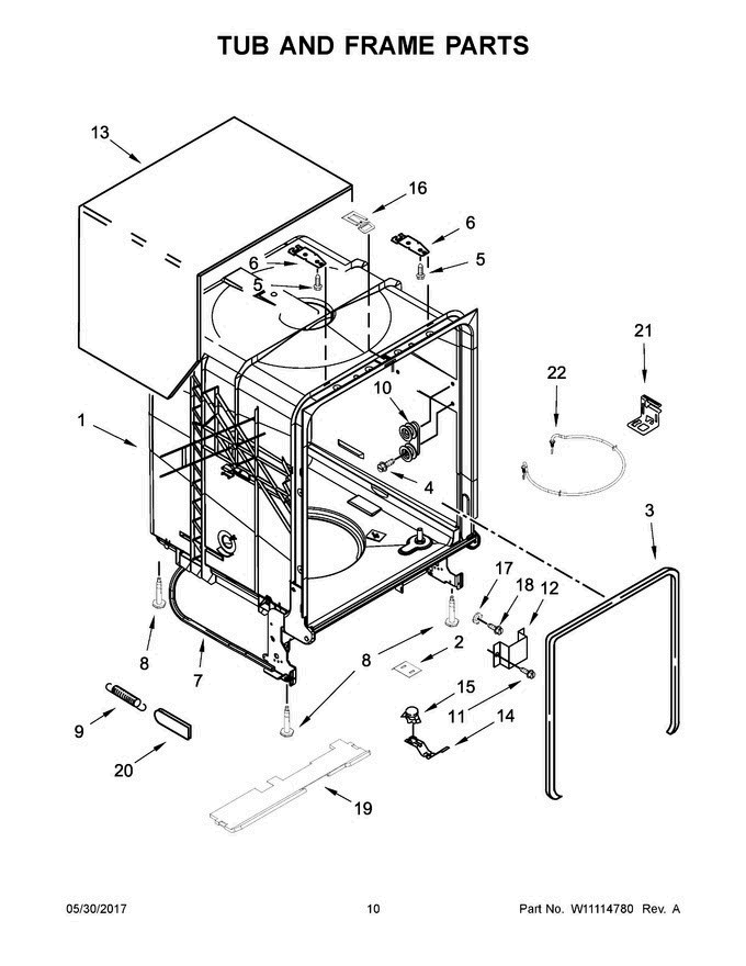 06 - Tub And Frame Parts Diagram and Parts List for WDT710PAHB0  Whirlpool Dishwasher