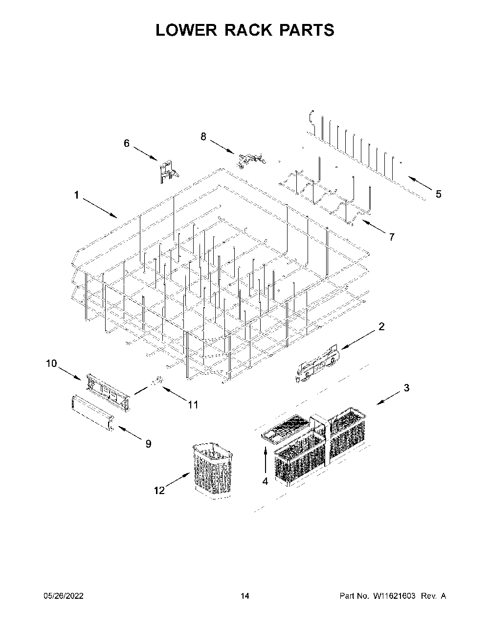 Lower Rack Parts Diagram and Parts List for KDPM704KPS1  KitchenAid Dishwasher