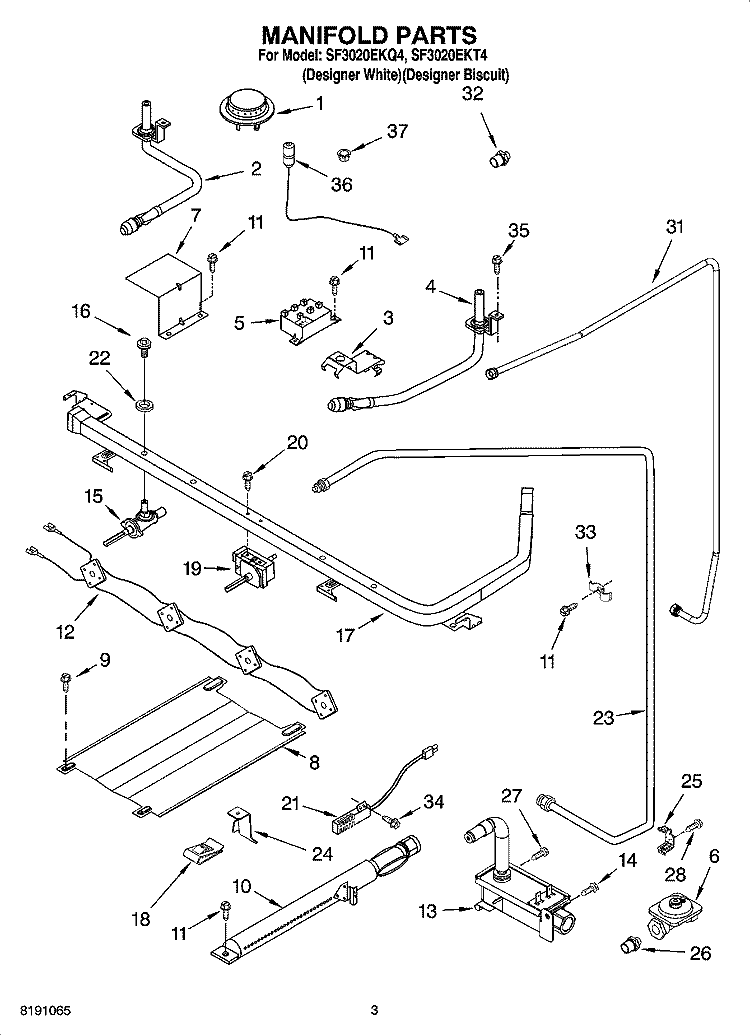 MANIFOLD PARTS Diagram and Parts List for SF3020EKQ4  Whirlpool Range