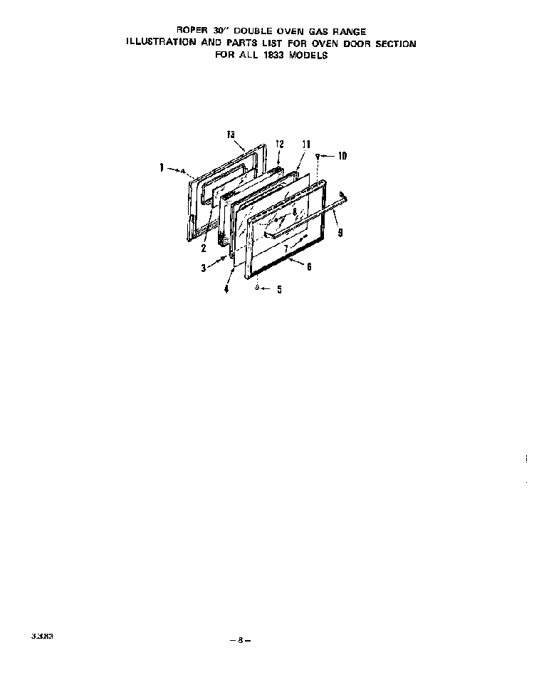 Oven Door Diagram and Parts List for 1833*0A  Roper Wall Oven