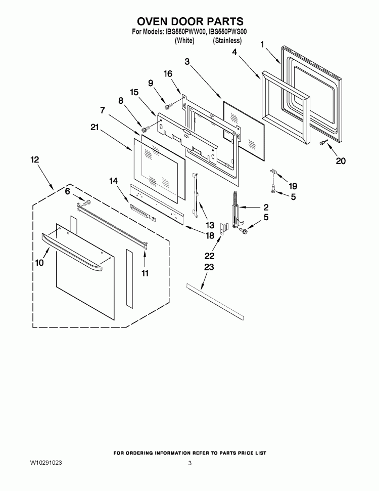 OVEN DOOR PARTS Diagram and Parts List for IBS550PWS00  Whirlpool Wall Oven