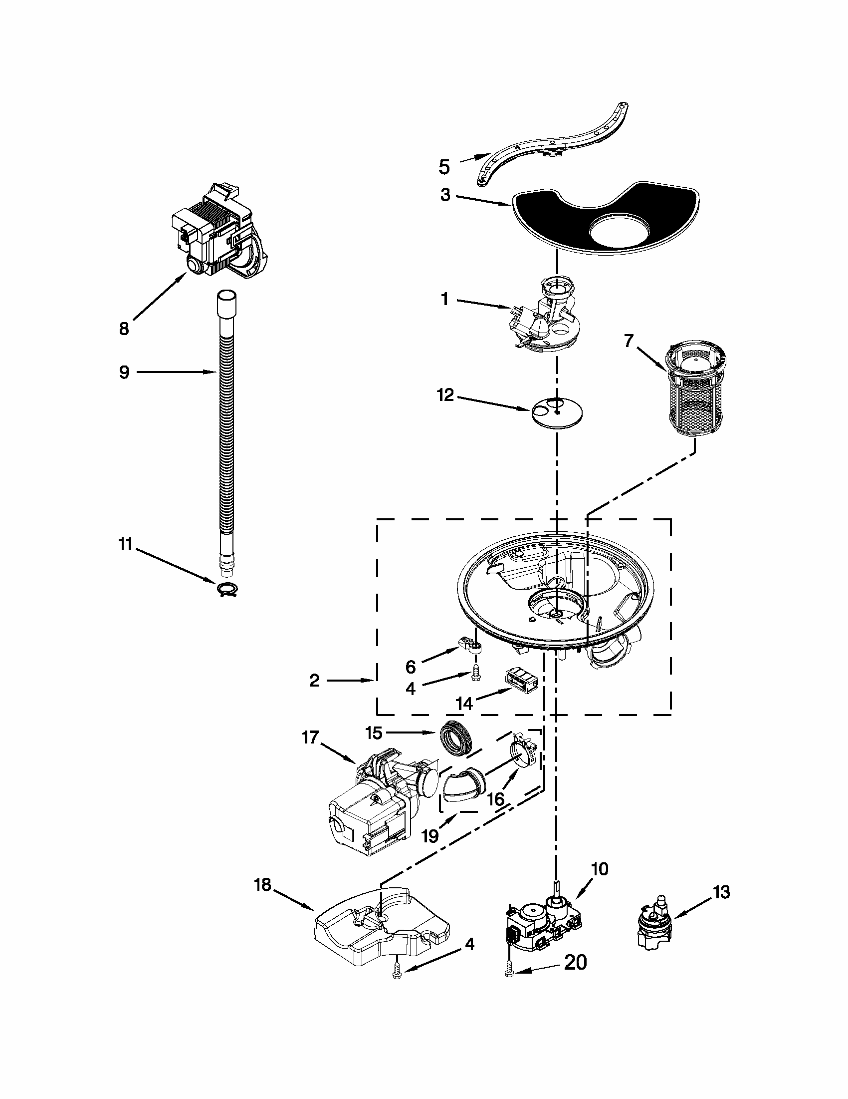 Pump, Washarm And Motor Parts Diagram and Parts List for 66513263K114  Kenmore Dishwasher