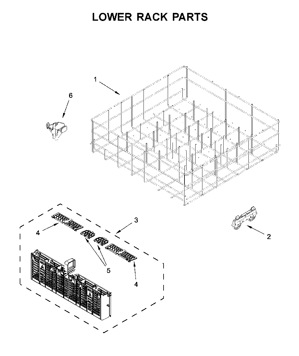Lower rack parts Diagram and Parts List for WDF520PADB9  Whirlpool Dishwasher