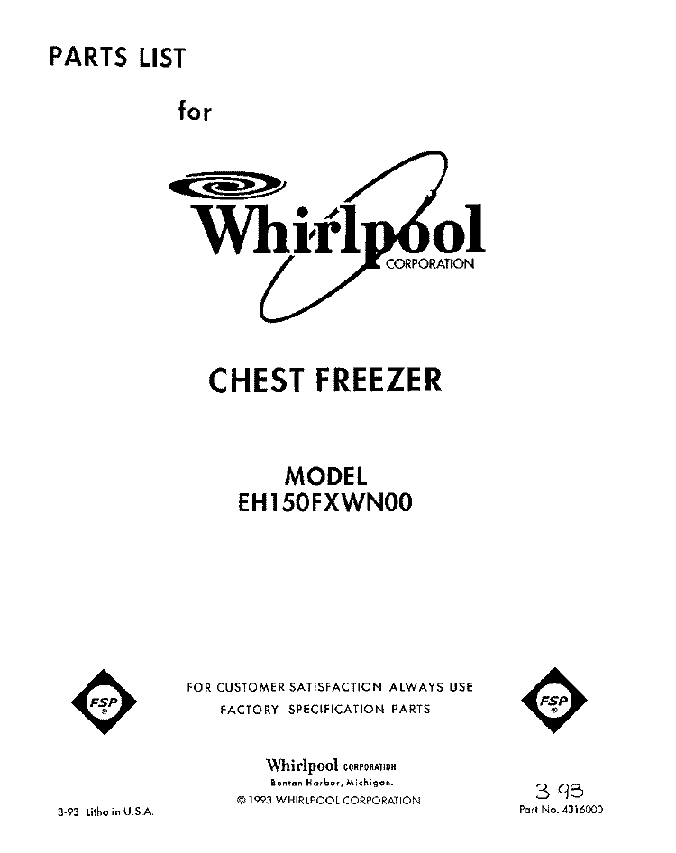 SECTION Diagram and Parts List for EH150FXWN00  Whirlpool Freezer