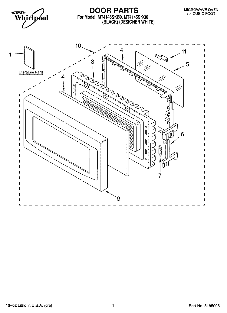 DOOR, LITERATURE Diagram and Parts List for MT4145SKQ0  Whirlpool Microwave