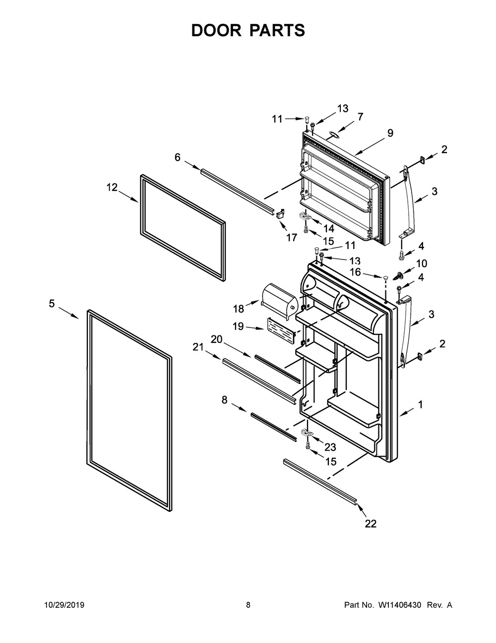 Door Parts Diagram and Parts List for WRT108FZDT05  Whirlpool Refrigerator