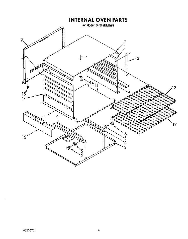 INTERNAL OVEN Diagram and Parts List for SF302BERW6  Whirlpool Range