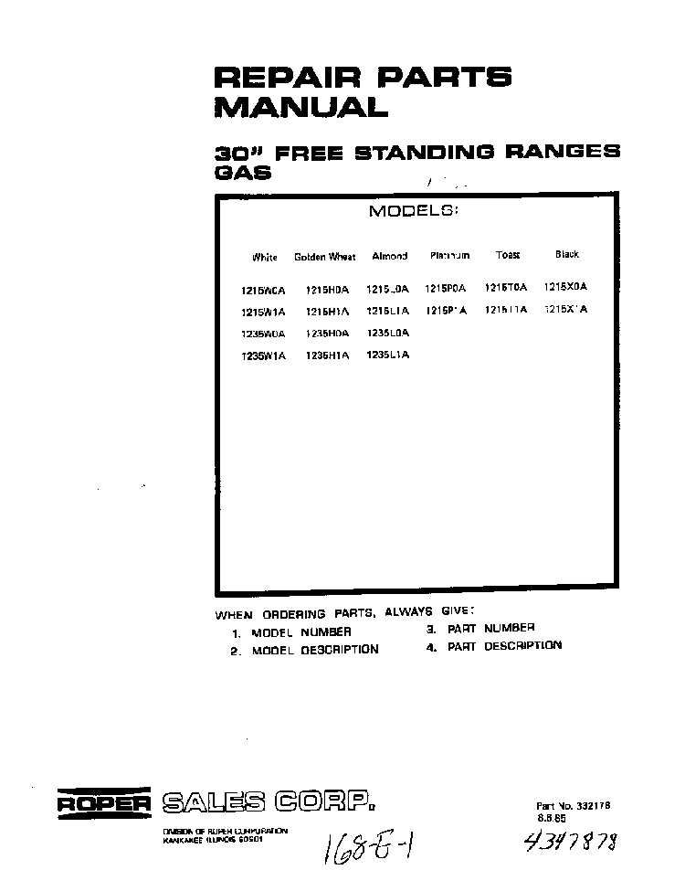 Section 7 Diagram and Parts List for 1235*0A  Roper Range