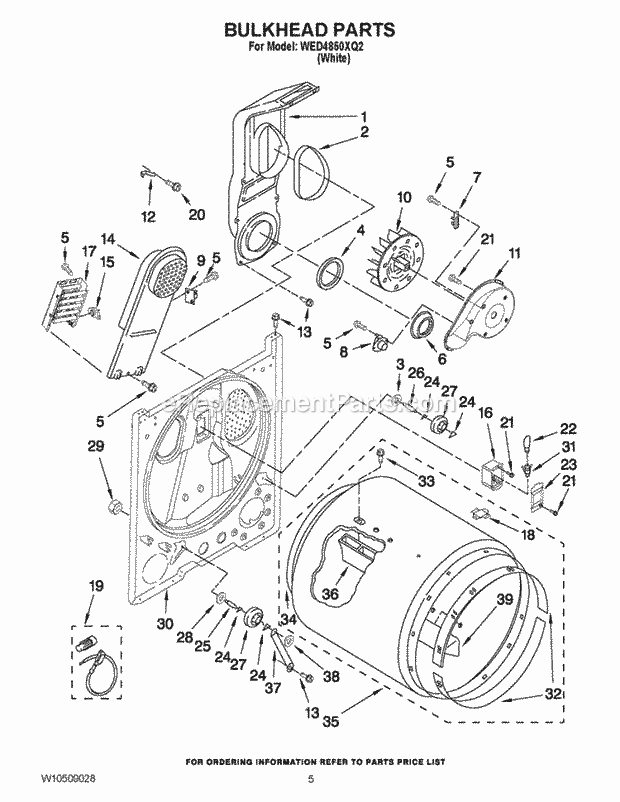 Bulkhead Parts Diagram and Parts List for WED4850XQ2  Whirlpool Dryer