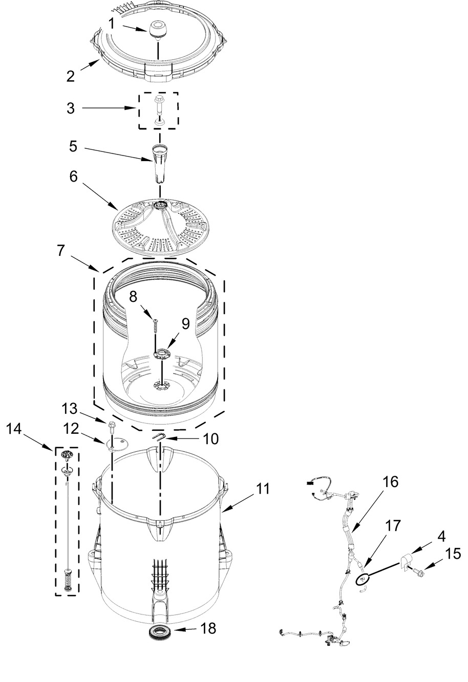 Basket And Tub Parts Diagram and Parts List for MVW4005SW0  Whirlpool Washer