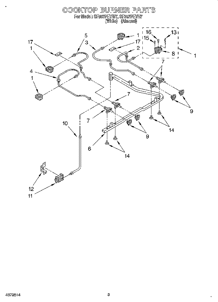 COOKTOP BURNER Diagram and Parts List for SF387PEYN7  Whirlpool Range