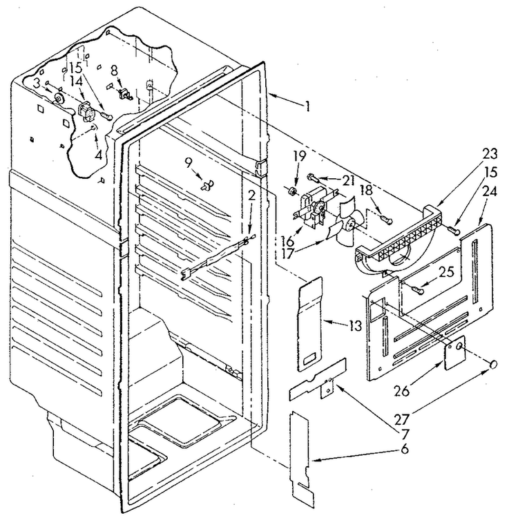 Liner Diagram and Parts List for ET14JKXSN03  Whirlpool Refrigerator
