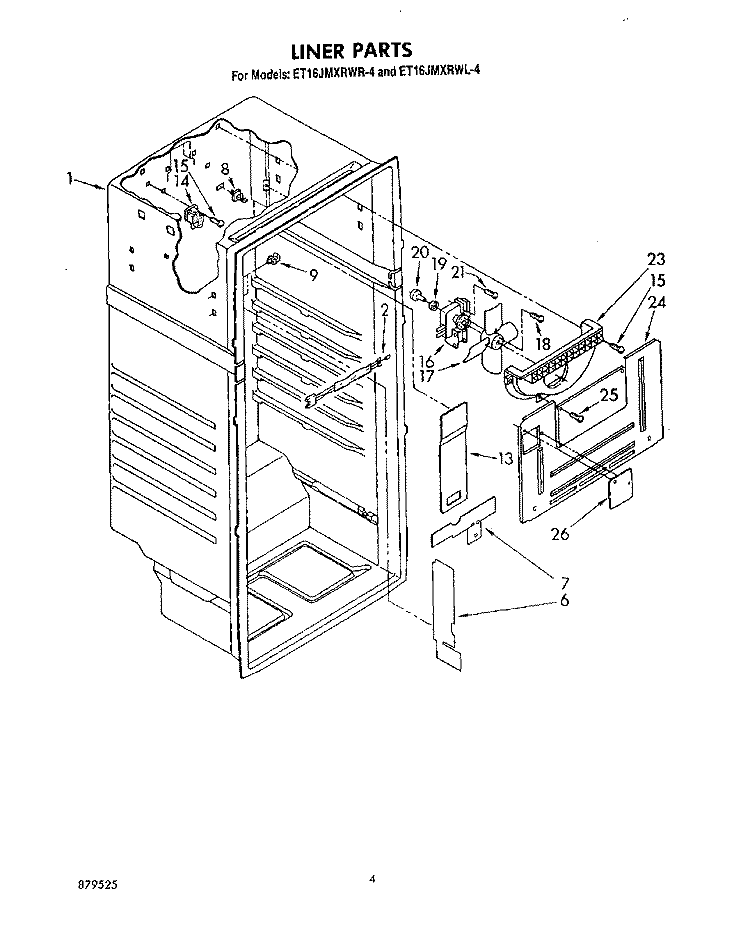LINER Diagram and Parts List for ET16JMXRWR4  Whirlpool Refrigerator